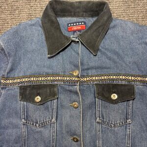 Agapo Vintage‎ Denim Trucker Jacket XL Southwestern Embroidered Fringe Cotton